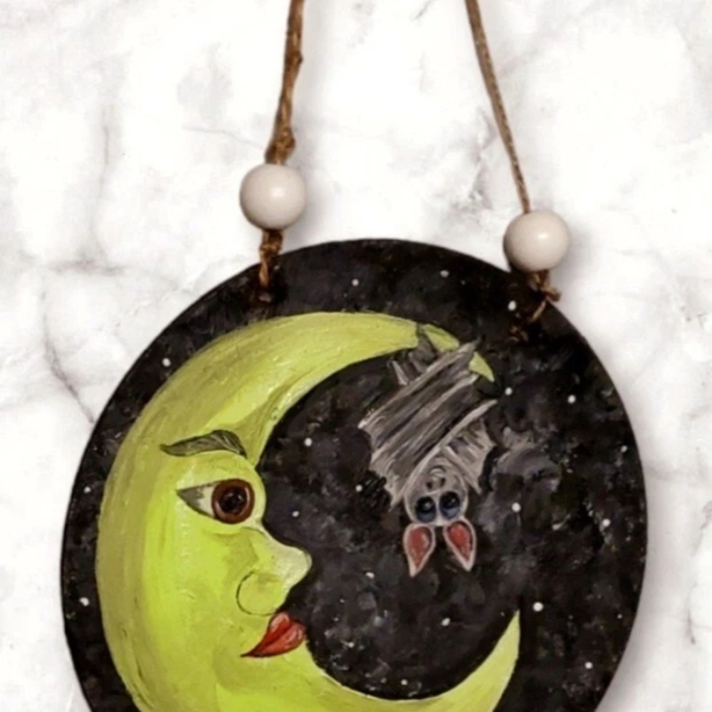 Hand Crafted Moon and Bat Wall Decor - Black and Yellow